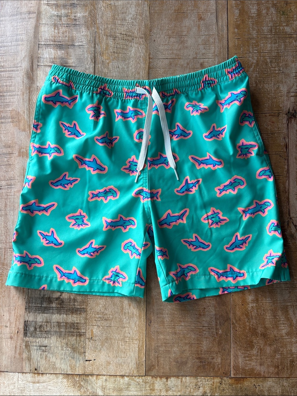 Chubbies Boys Teal Shark Print Swim Trunks L(14/16)